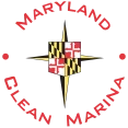 A logo featuring a compass rose with Maryland's flag in the center. The text "Maryland Clean Marina" surrounds the compass in a circular fashion.