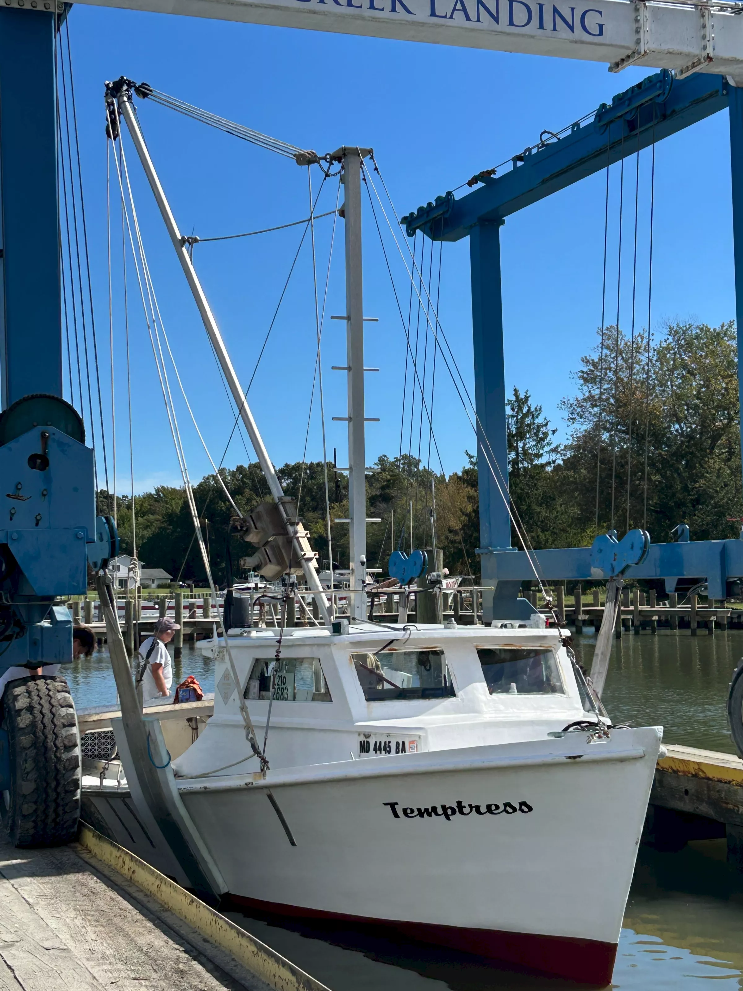 The workboat Temptress in the travel lift well at Parish Creek Landing