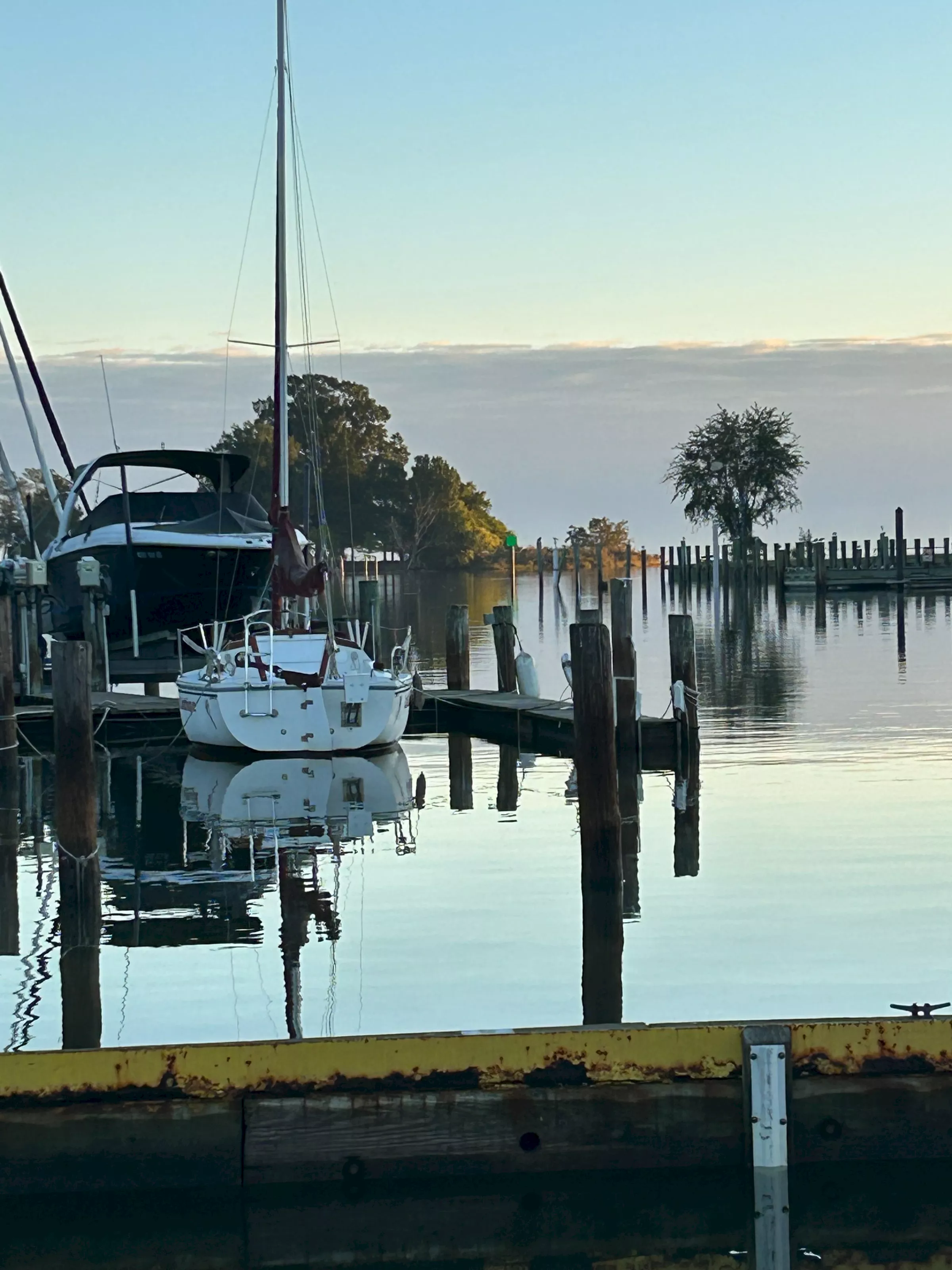 A calm morning in the slips at Parish Creek Landing